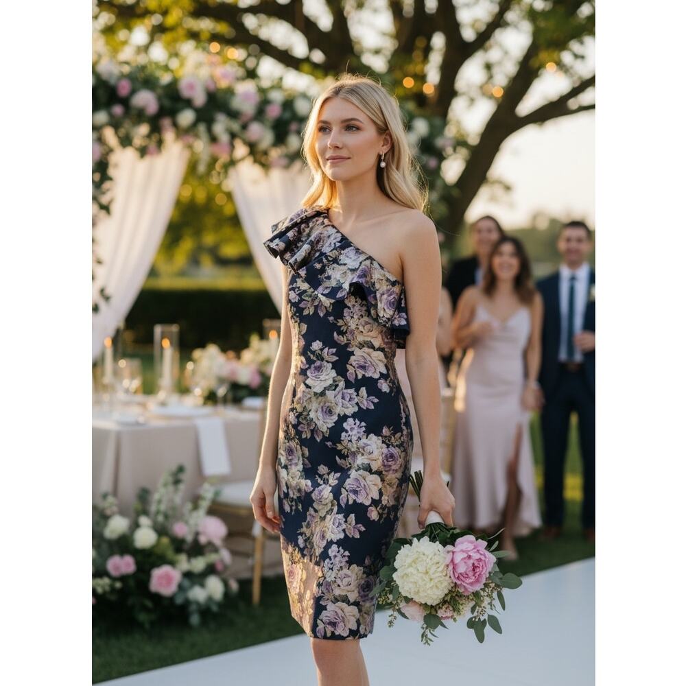 NWT ELIZA J DRESS WEDDING GUEST FLORAL METALLIC FOIL EVENING COCKTAIL PARTY